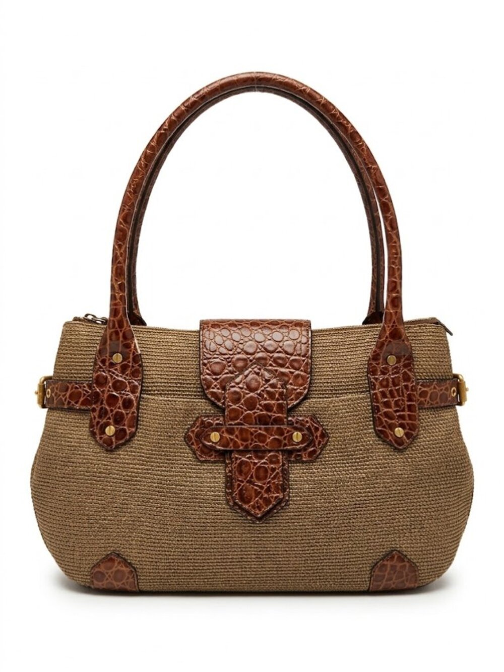 Eric Javits Woven Straw Croc Embossed Leather Trim Shoulder Bag Satchel - Picture 1 of 12